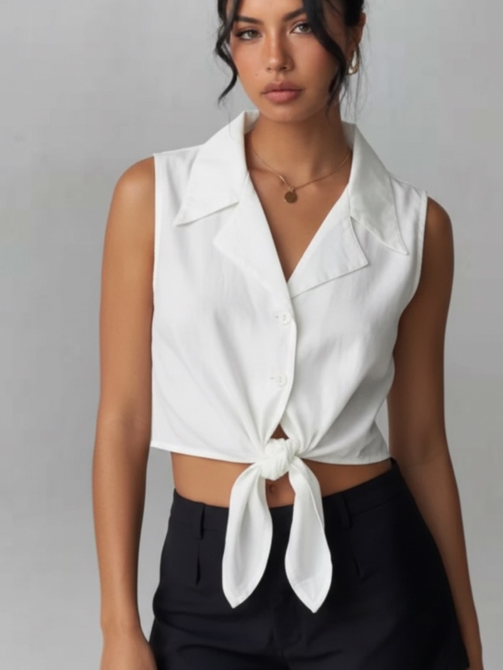 Sleeveless White Tie-Front Collared Top